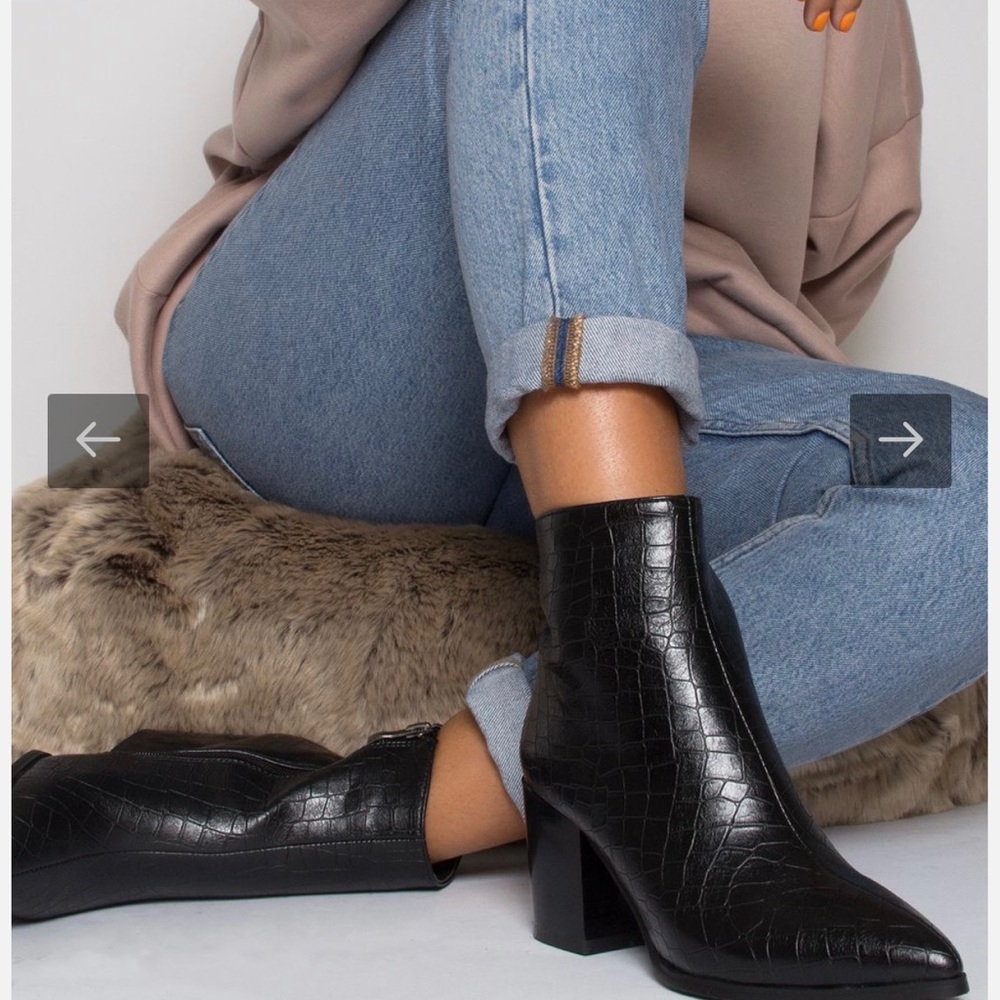 Black Croc-Embossed Ankle Boots